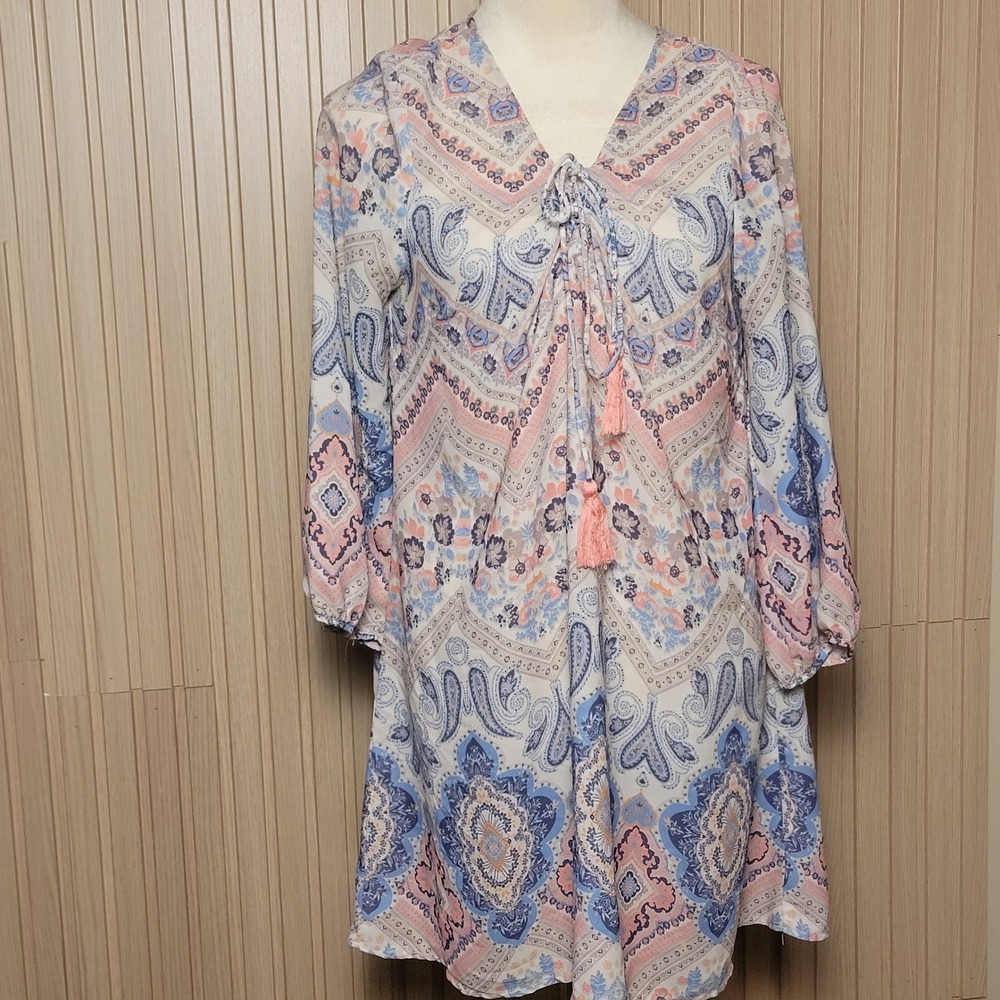 Lulumari Womens Medium Blue Pink Paisley Tassel Tie Neck Shift Dress DAS5274